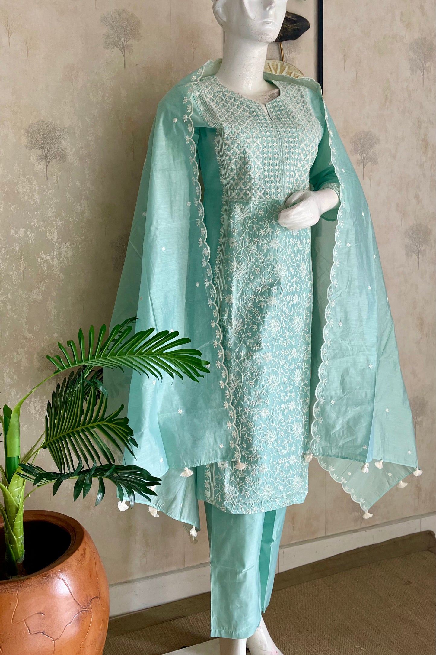 Pastel Green Chanderi Silk Kurta Set with Chikankari Embroidery