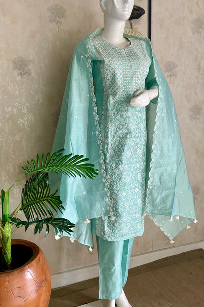 Pastel Green Chanderi Silk Kurta Set with Chikankari Embroidery