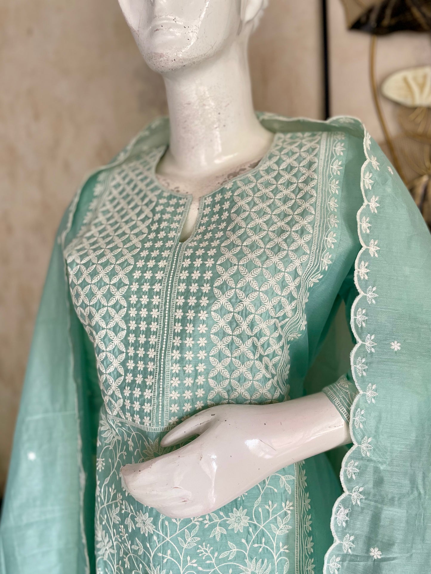 Pastel Green Chanderi Silk Kurta Set with Chikankari Embroidery