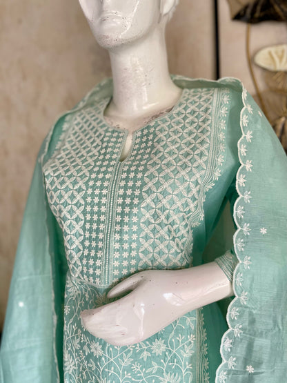 Pastel Green Chanderi Silk Kurta Set with Chikankari Embroidery