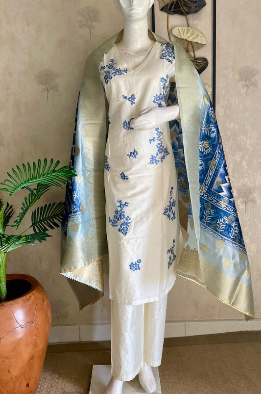 White A-Line Silk Kurta Set with Blue Floral Embroidery & Zari Dupatta