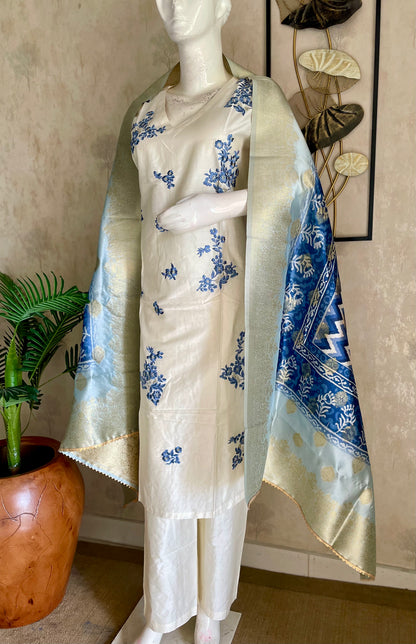 White A-Line Silk Kurta Set with Blue Floral Embroidery & Zari Dupatta