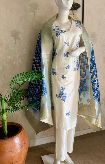 White A-Line Silk Kurta Set with Blue Floral Embroidery & Zari Dupatta