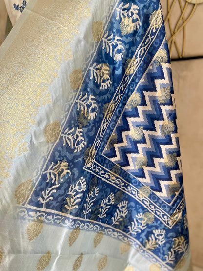 White A-Line Silk Kurta Set with Blue Floral Embroidery & Zari Dupatta