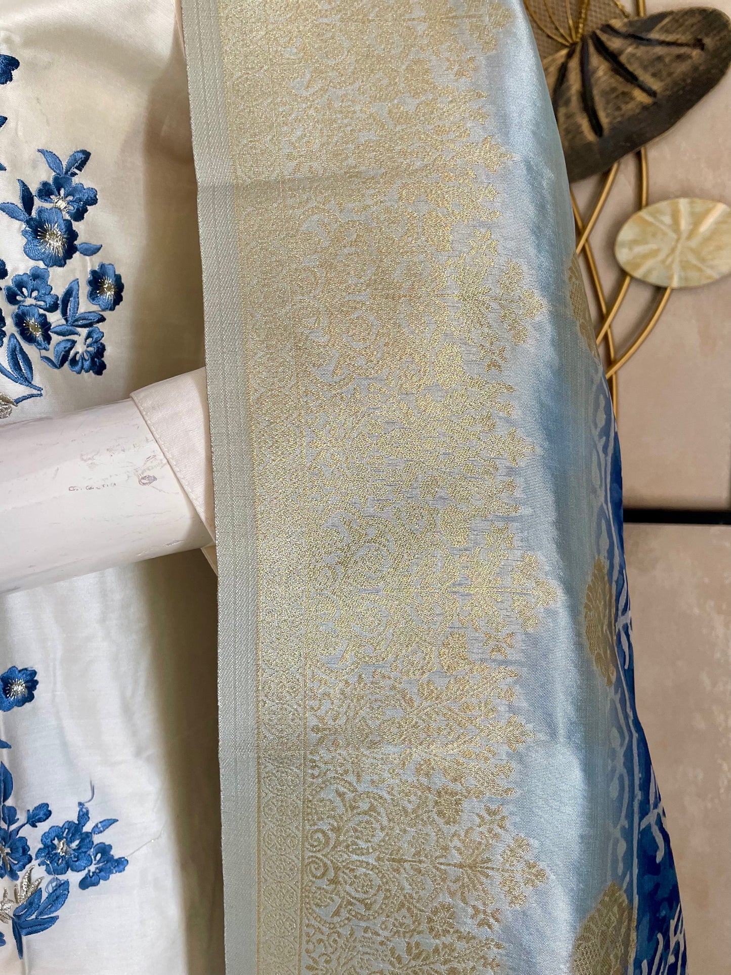 White A-Line Silk Kurta Set with Blue Floral Embroidery & Zari Dupatta