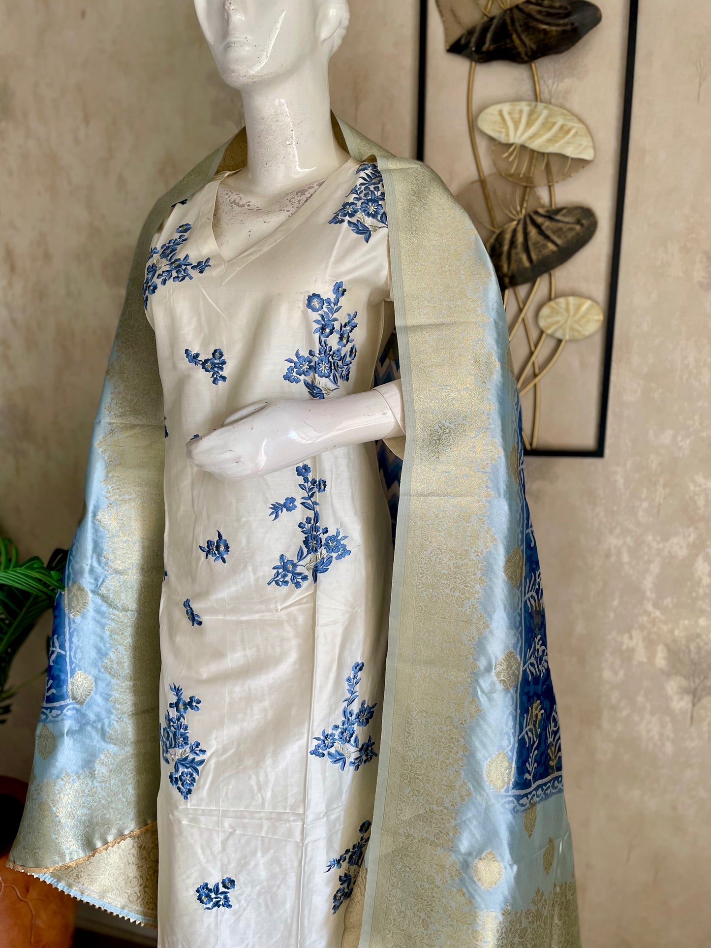 White A-Line Silk Kurta Set with Blue Floral Embroidery & Zari Dupatta