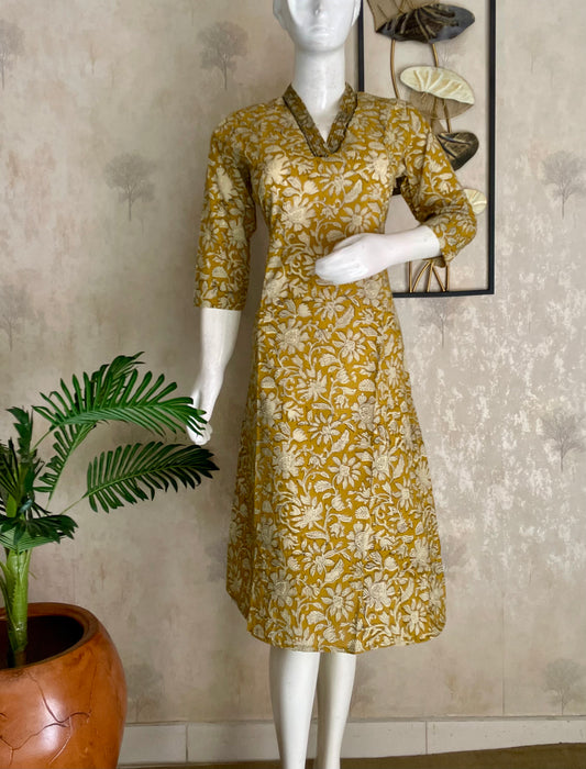 Mustard Kalamkari Handblock Cotton Kurta
