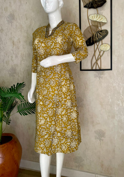 Mustard Kalamkari Handblock Cotton Kurta