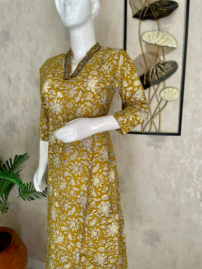Mustard Kalamkari Handblock Cotton Kurta
