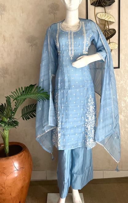 Sky Blue Mul Chanderi Kurta Set