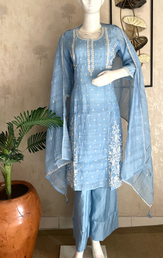 Sky Blue Mul Chanderi Kurta Set