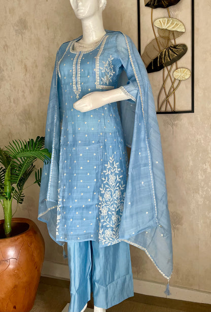 Sky Blue Mul Chanderi Kurta Set