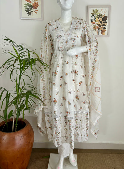 Floral Dream: The White Cotton Anarkali Set