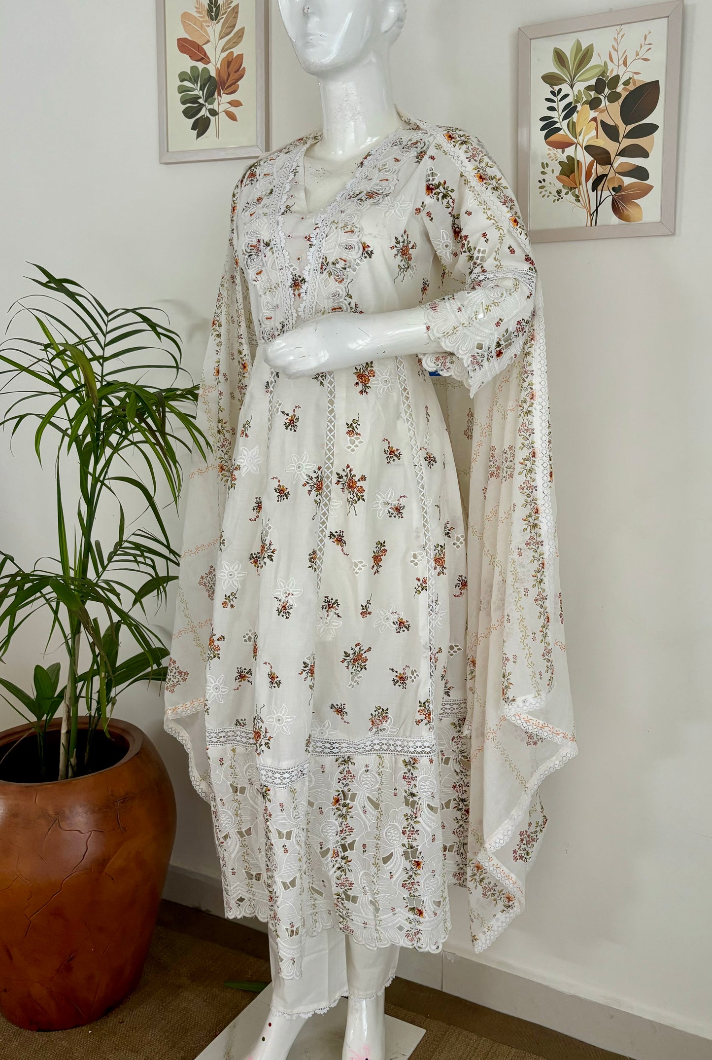 Floral Dream: The White Cotton Anarkali Set