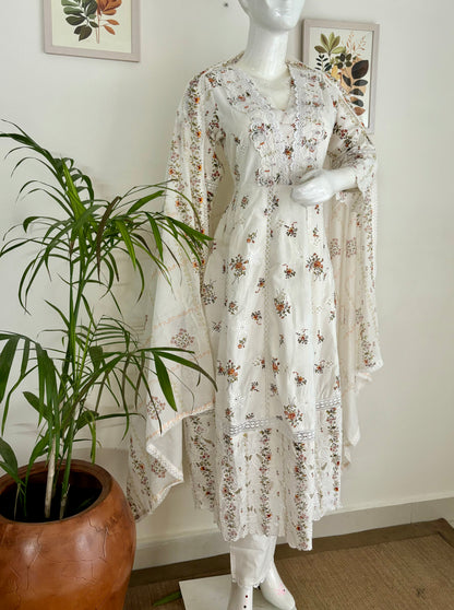 Floral Dream: The White Cotton Anarkali Set