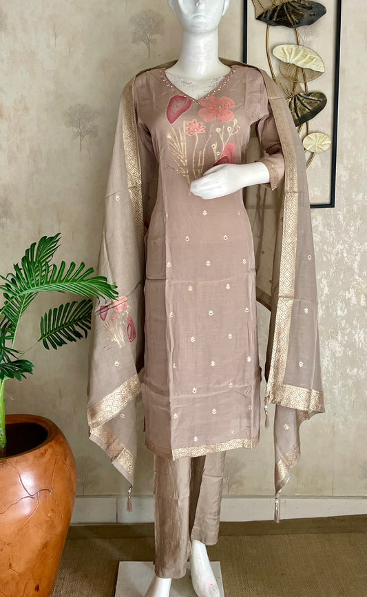 Nude Peach-Brown Kurta Set with Banarasi Zari Weaving