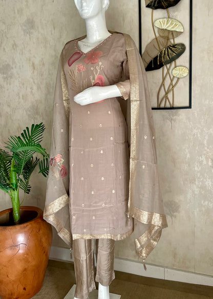 Nude Peach-Brown Kurta Set with Banarasi Zari Weaving