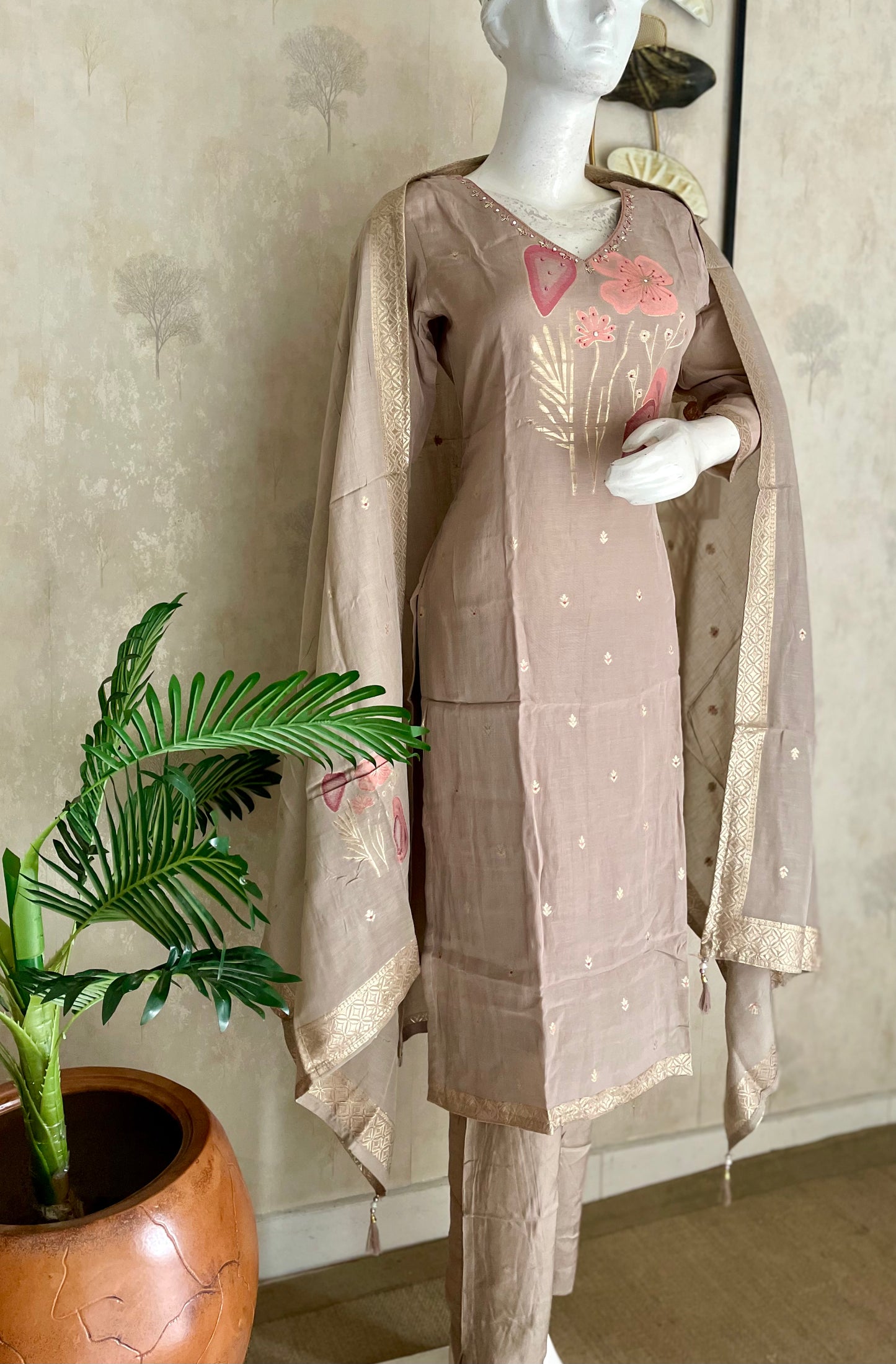 Nude Peach-Brown Kurta Set with Banarasi Zari Weaving