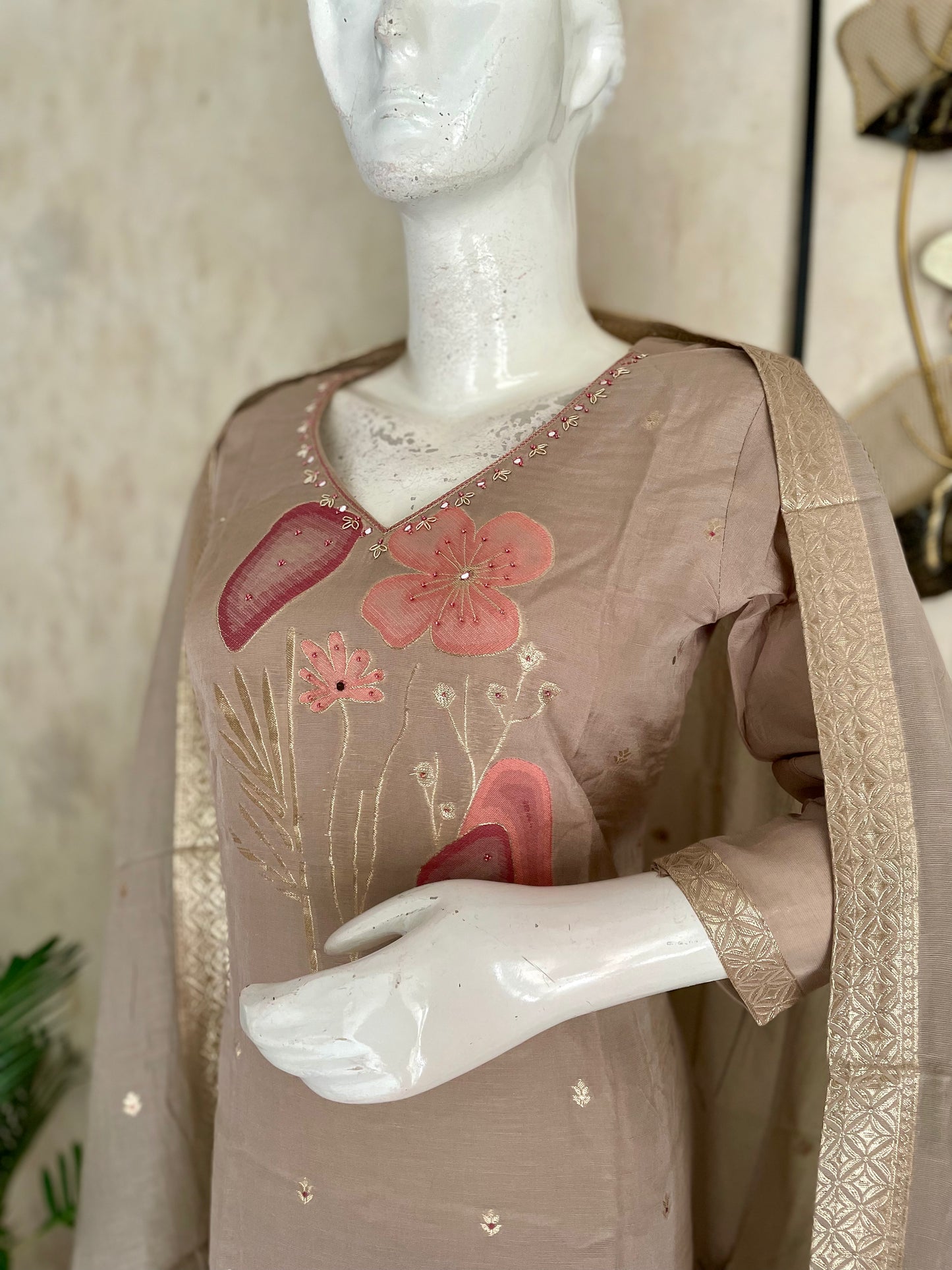 Nude Peach-Brown Kurta Set with Banarasi Zari Weaving