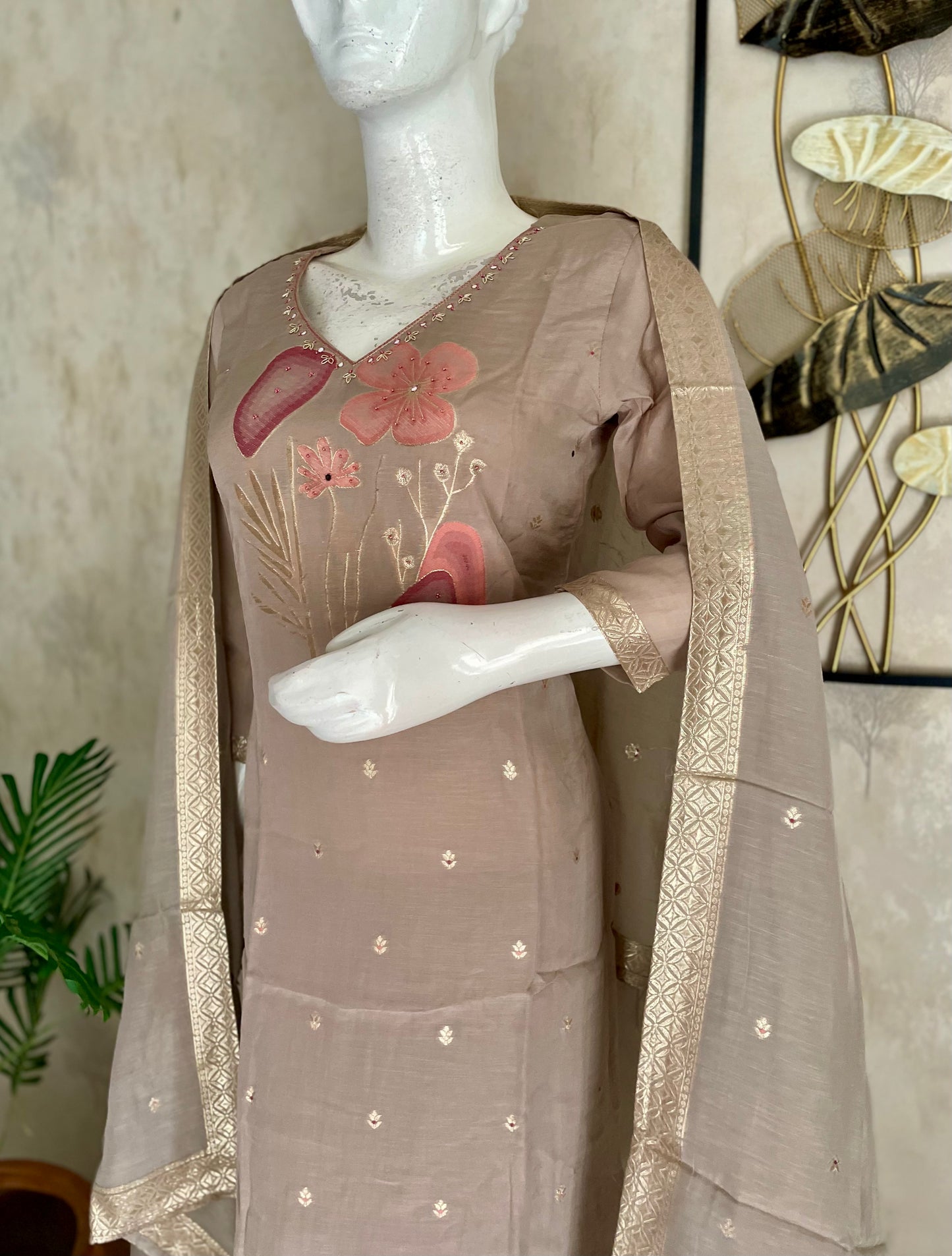 Nude Peach-Brown Kurta Set with Banarasi Zari Weaving