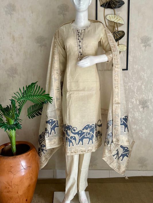 Traditional Off-White Khadi Zari Weaving Kurta Set
