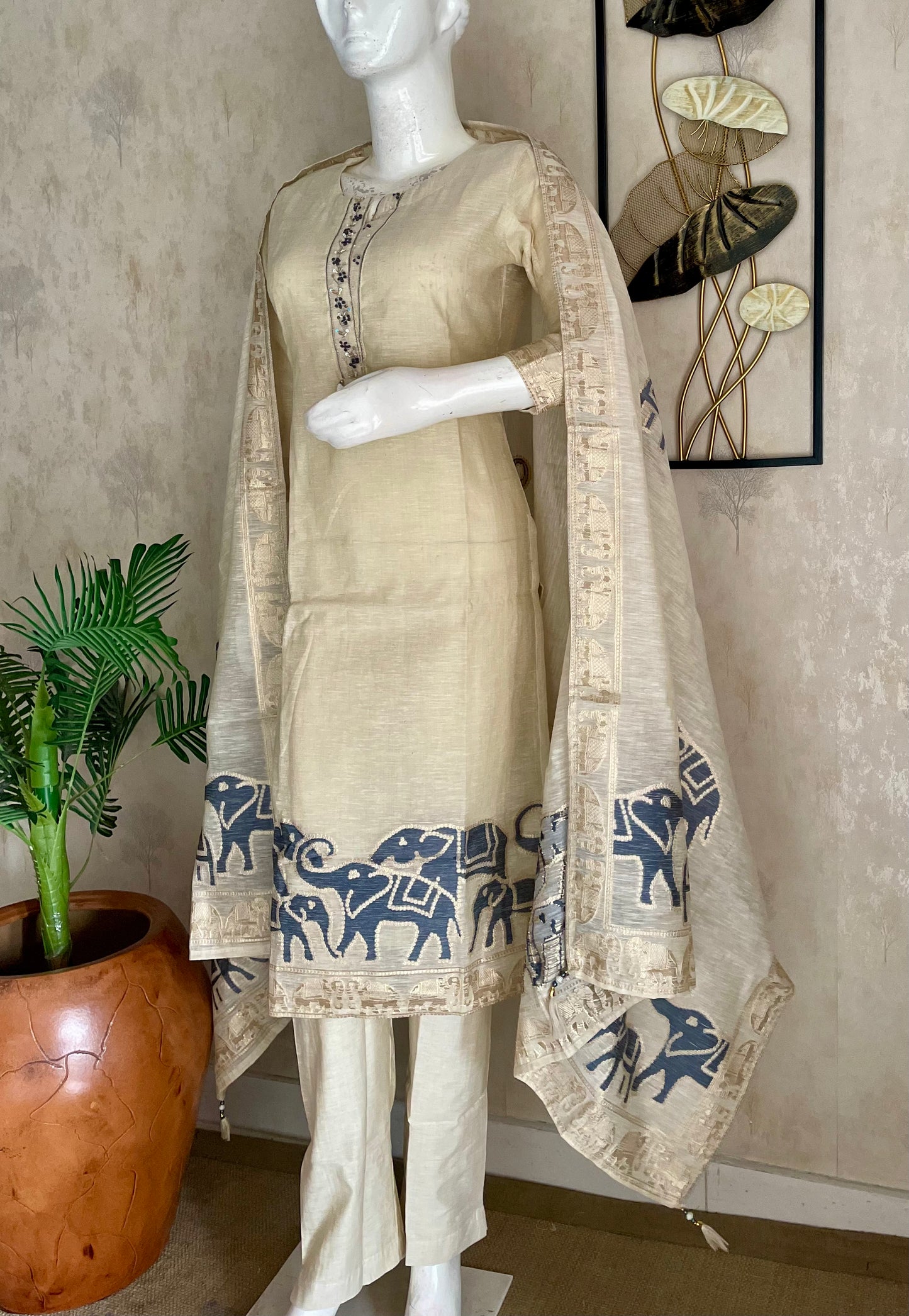 Traditional Off-White Khadi Zari Weaving Kurta Set