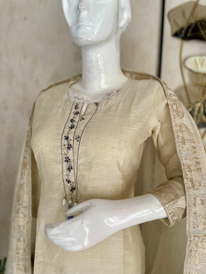 Traditional Off-White Khadi Zari Weaving Kurta Set