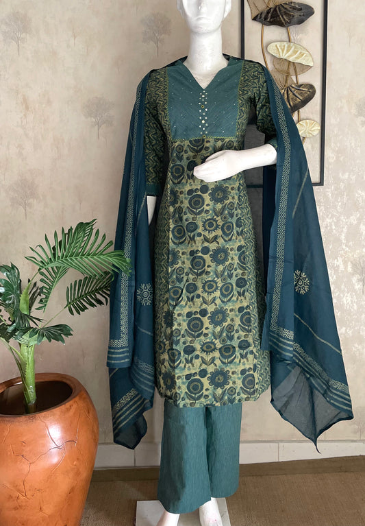 Green Ajrakh Handloom Cotton Kurta Set for Women