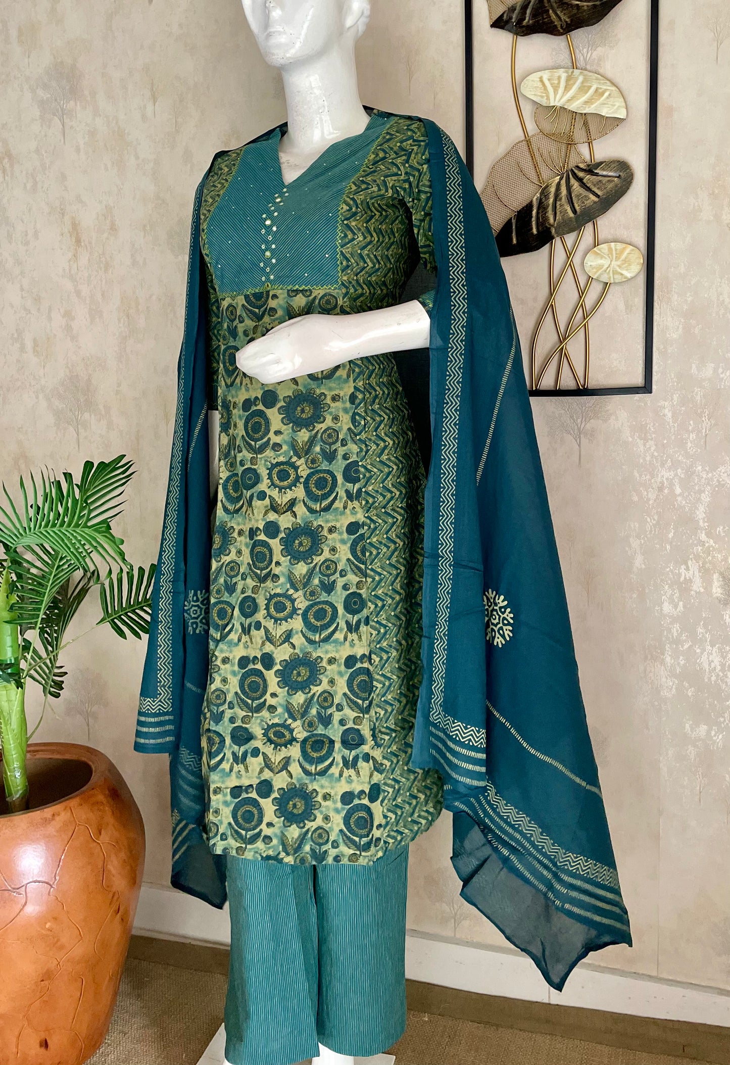 Green Ajrakh Handloom Cotton Kurta Set for Women