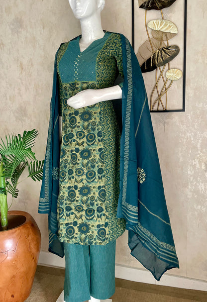 Green Ajrakh Handloom Cotton Kurta Set for Women