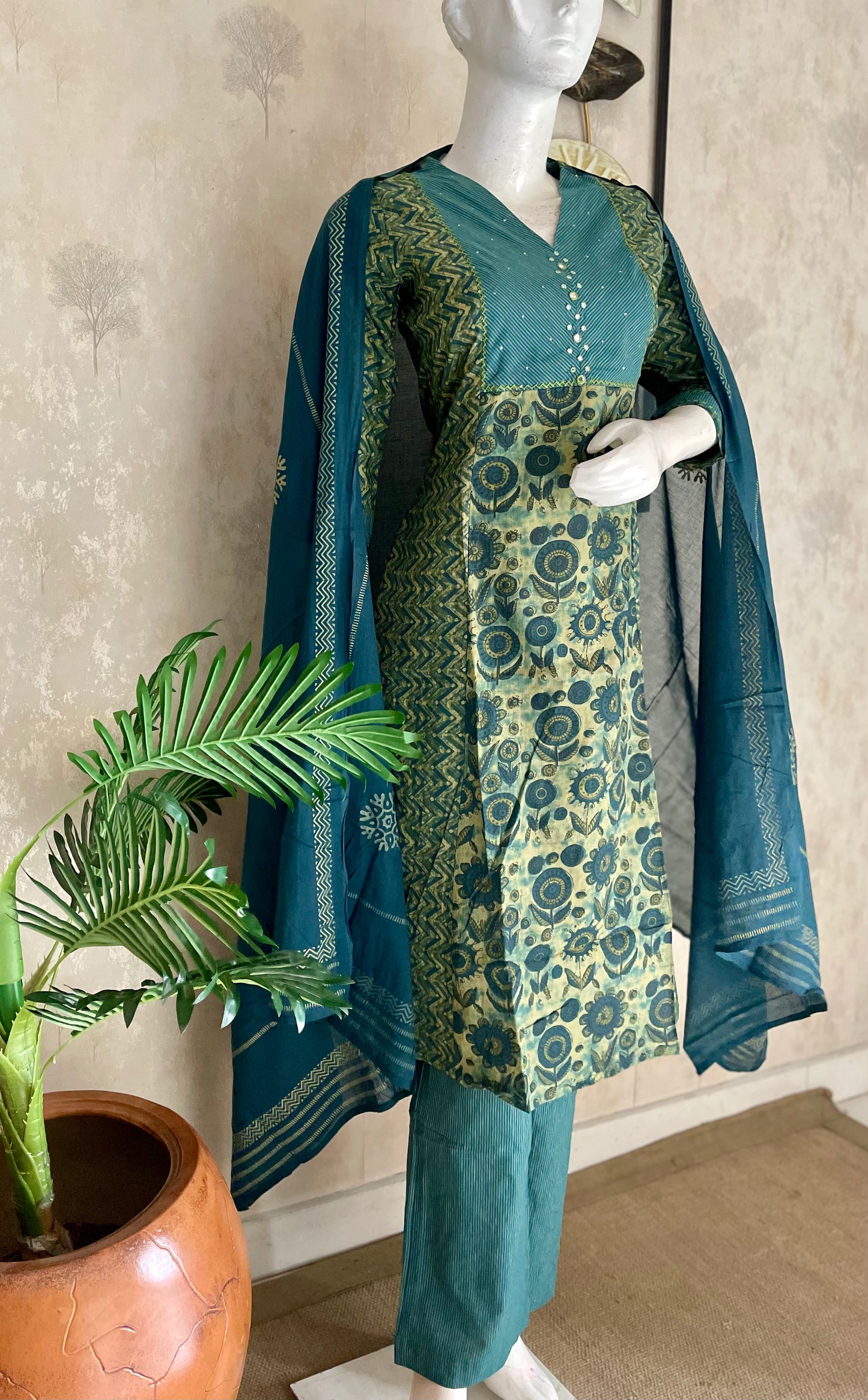 Green Ajrakh Handloom Cotton Kurta Set for Women
