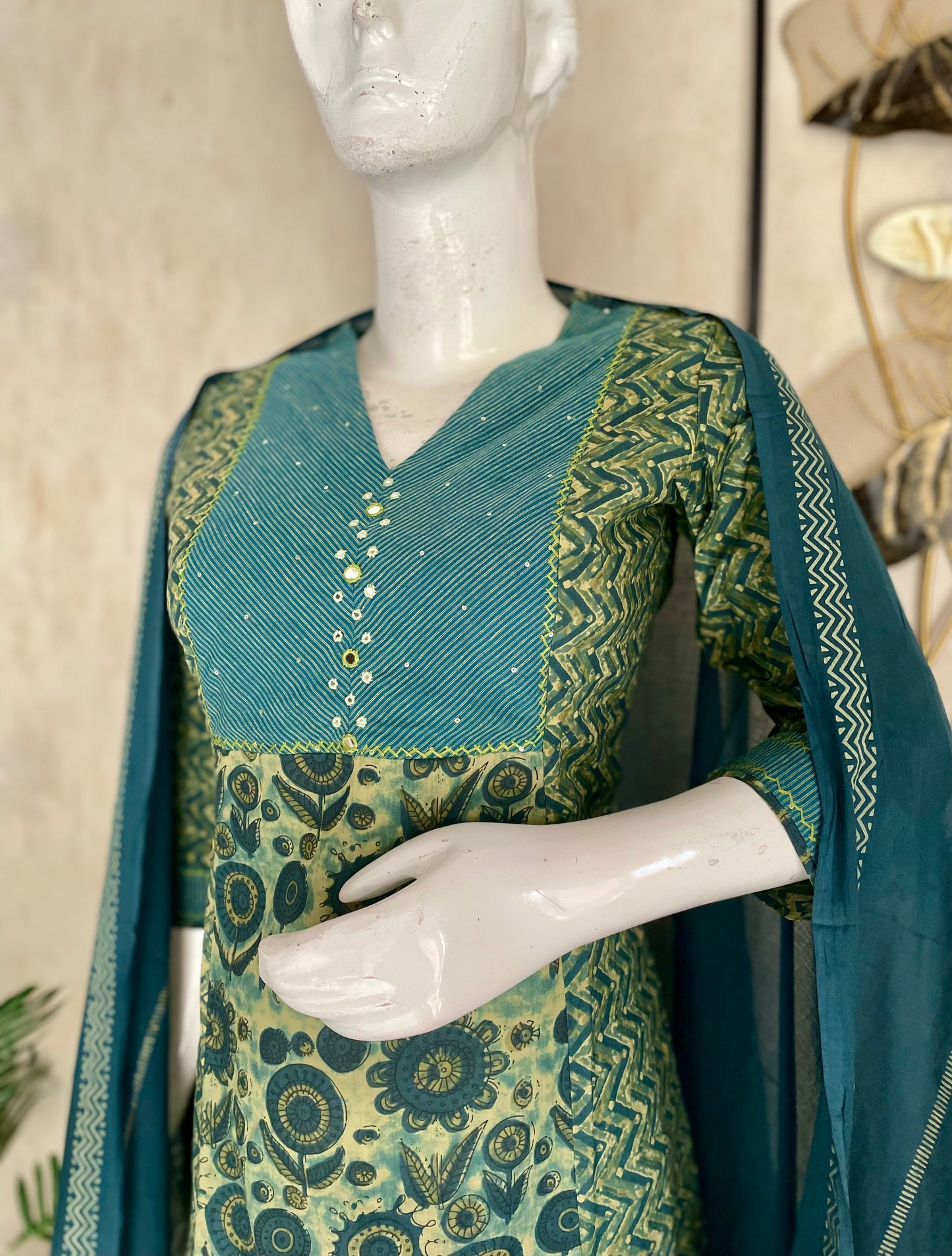 Green Ajrakh Handloom Cotton Kurta Set for Women