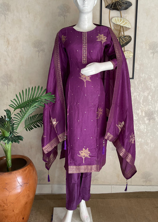 Banarsi Purple Silk Kurta Set with handwork
