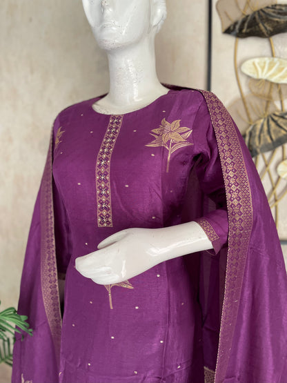 Banarsi Purple Silk Kurta Set with handwork