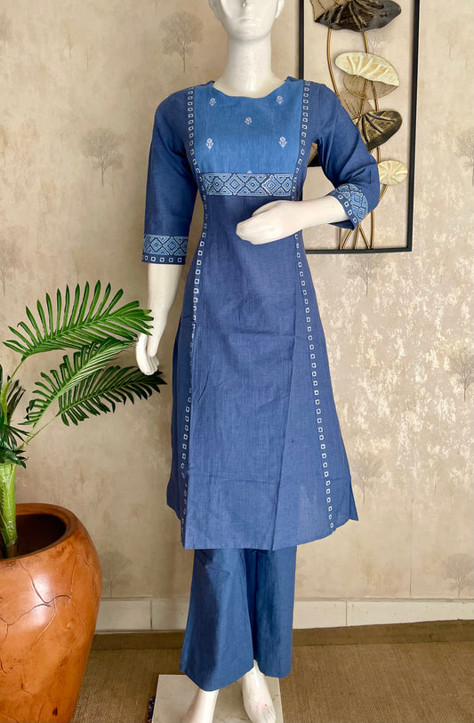 Blue A-Line Handloom Cotton Kurta Set