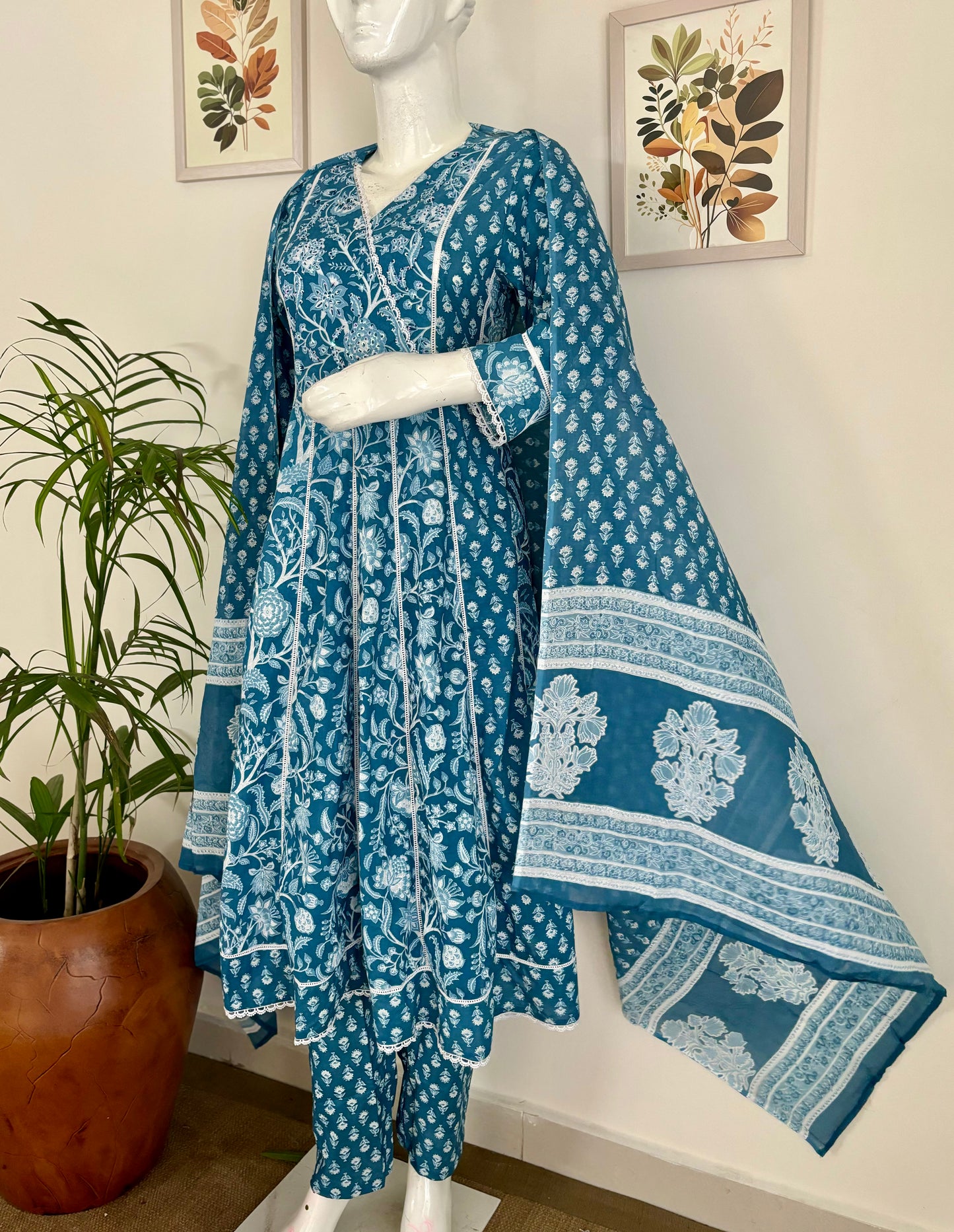 Captivate in Blue: Sequined Anarkali Kurta Set with Kiroshia Lace