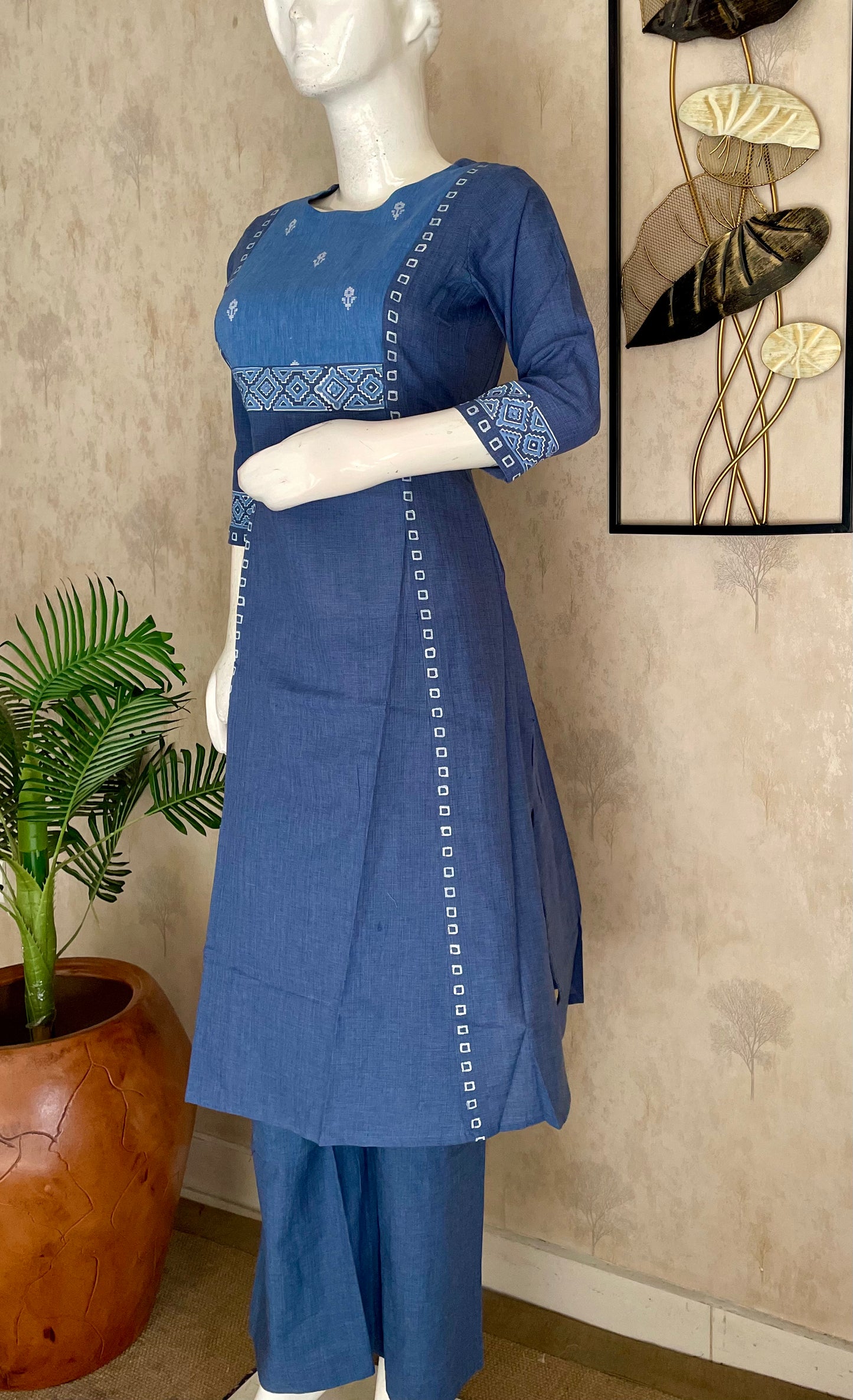 Blue A-Line Handloom Cotton Kurta Set