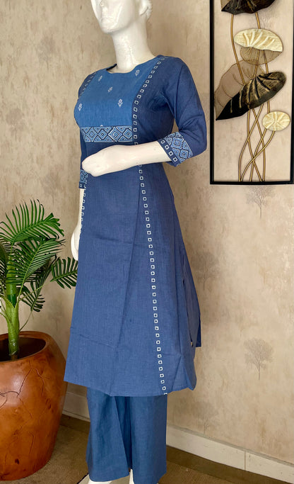 Blue A-Line Handloom Cotton Kurta Set