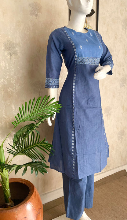 Blue A-Line Handloom Cotton Kurta Set