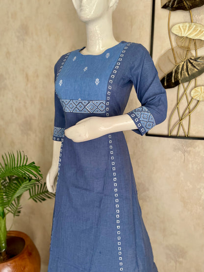 Blue A-Line Handloom Cotton Kurta Set