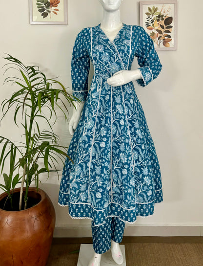 Captivate in Blue: Sequined Anarkali Kurta Set with Kiroshia Lace