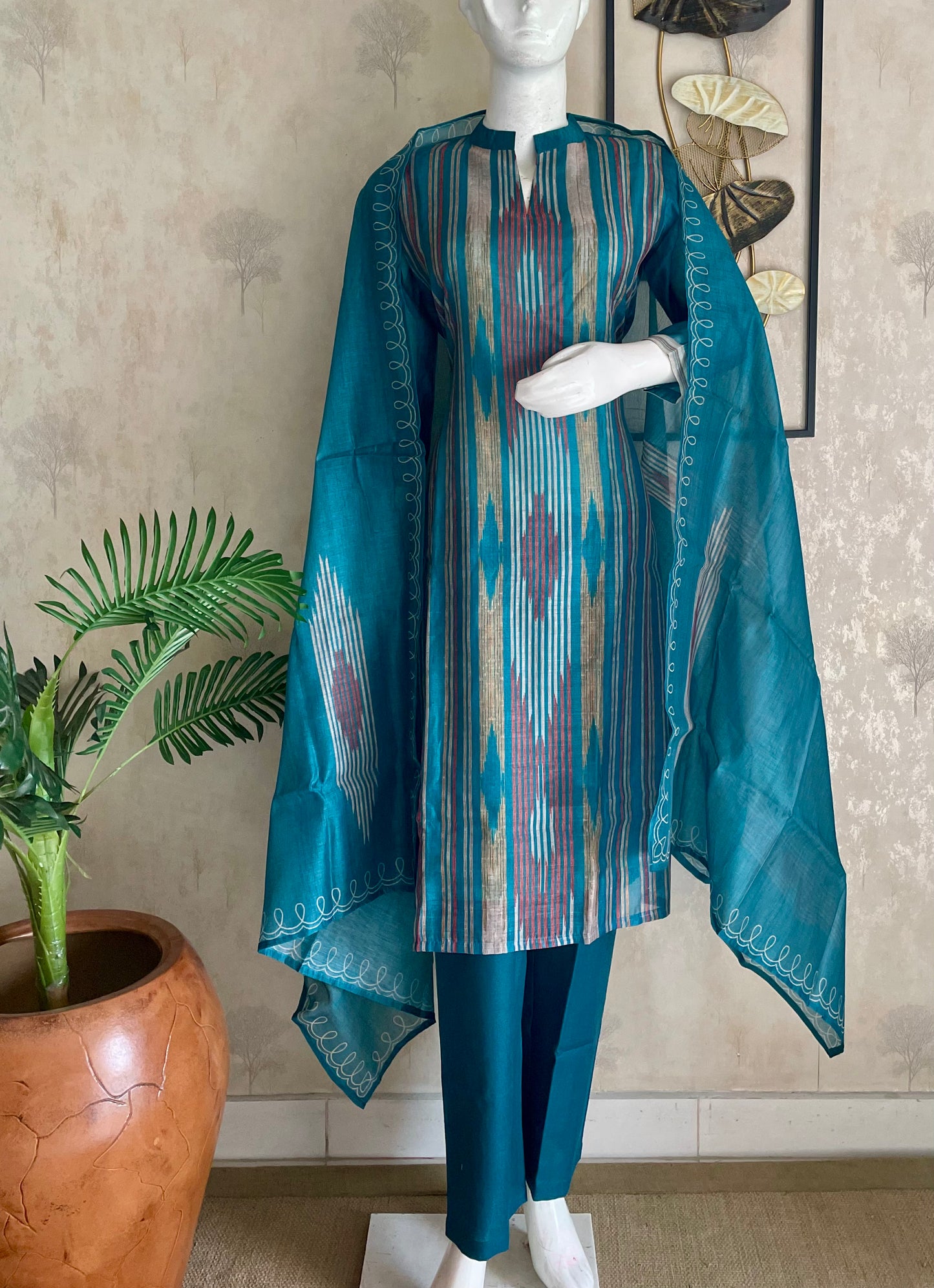 Turquoise Blue Bhagalpuri Ikkat Linen Kurta Set