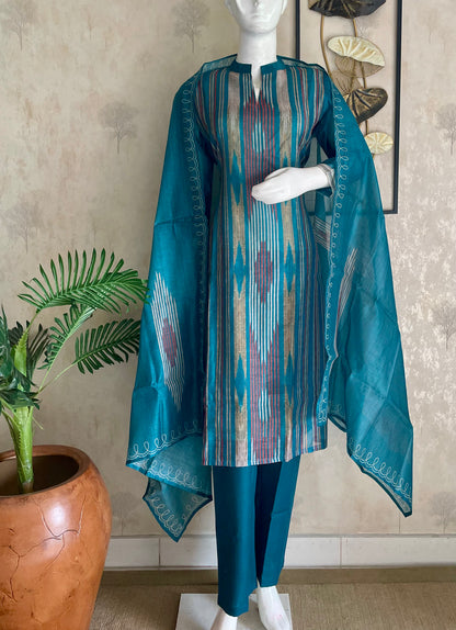 Turquoise Blue Bhagalpuri Ikkat Linen Kurta Set