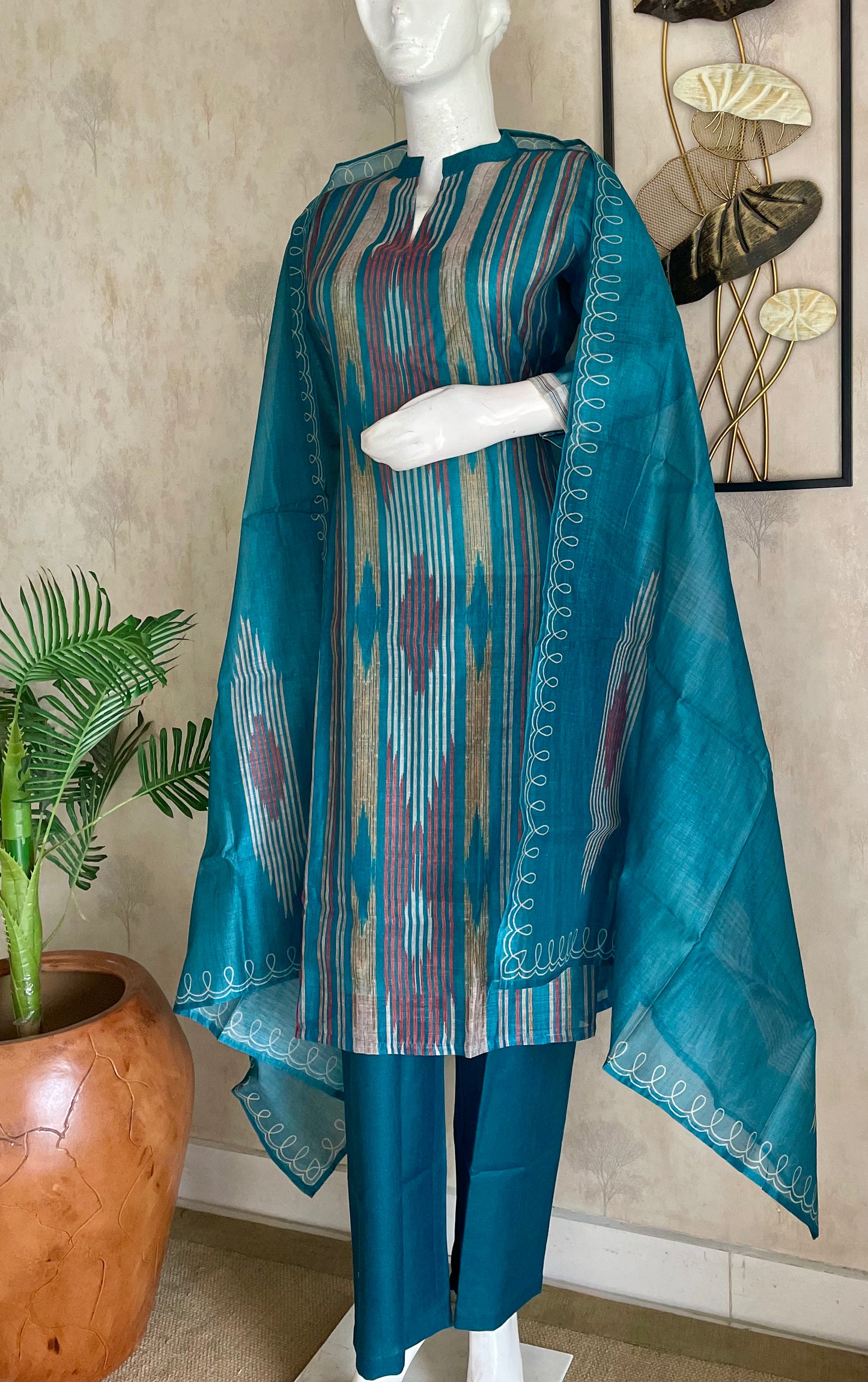 Turquoise Blue Bhagalpuri Ikkat Linen Kurta Set