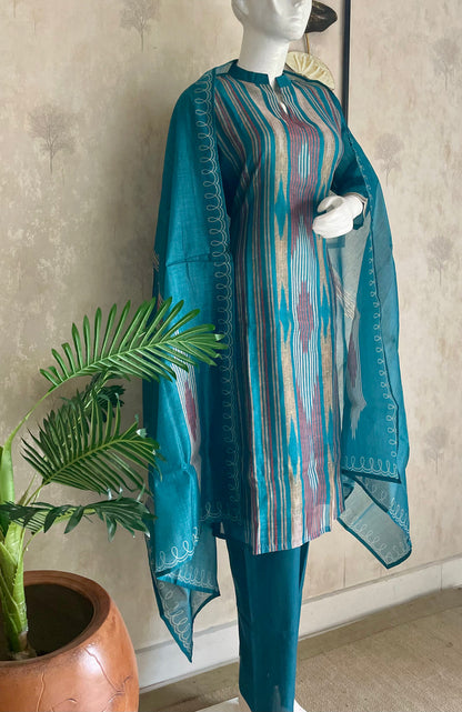 Turquoise Blue Bhagalpuri Ikkat Linen Kurta Set