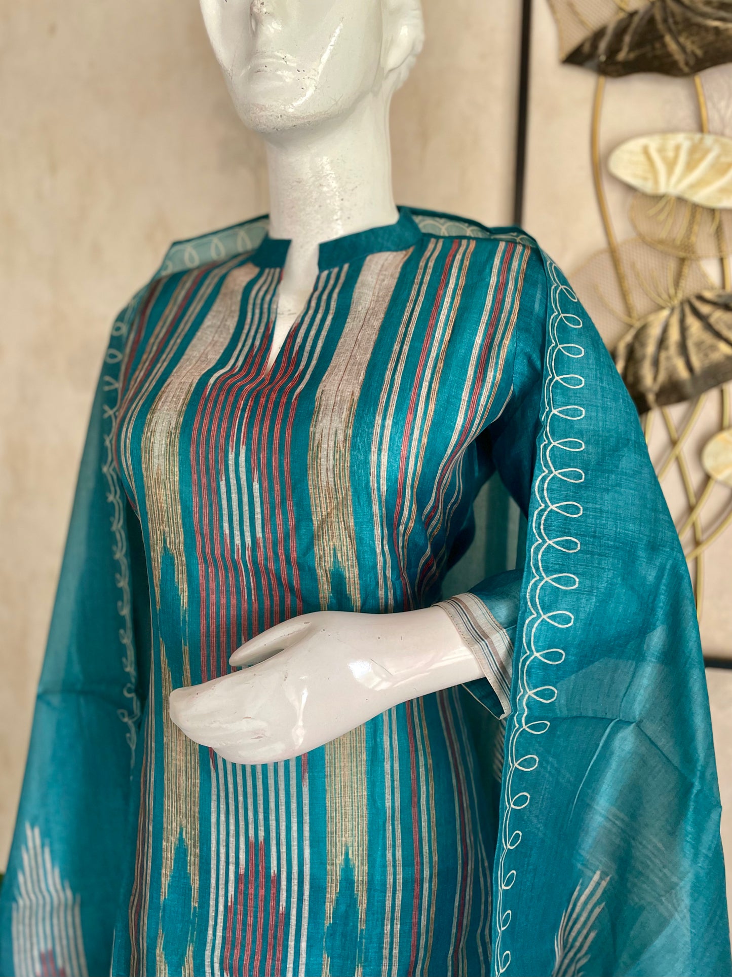 Turquoise Blue Bhagalpuri Ikkat Linen Kurta Set