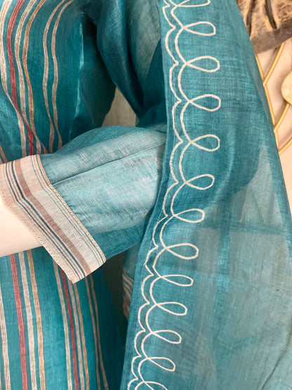 Turquoise Blue Bhagalpuri Ikkat Linen Kurta Set