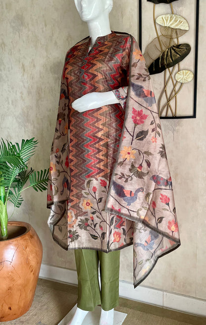 Brown Printed Linen Kurta Set with Kalamkari Dupatta