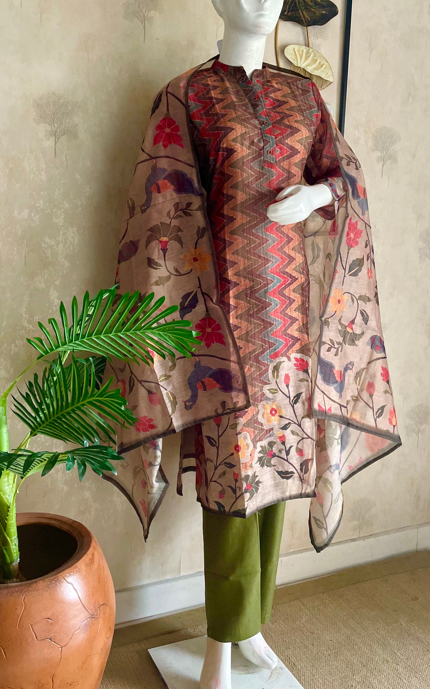 Brown Printed Linen Kurta Set with Kalamkari Dupatta