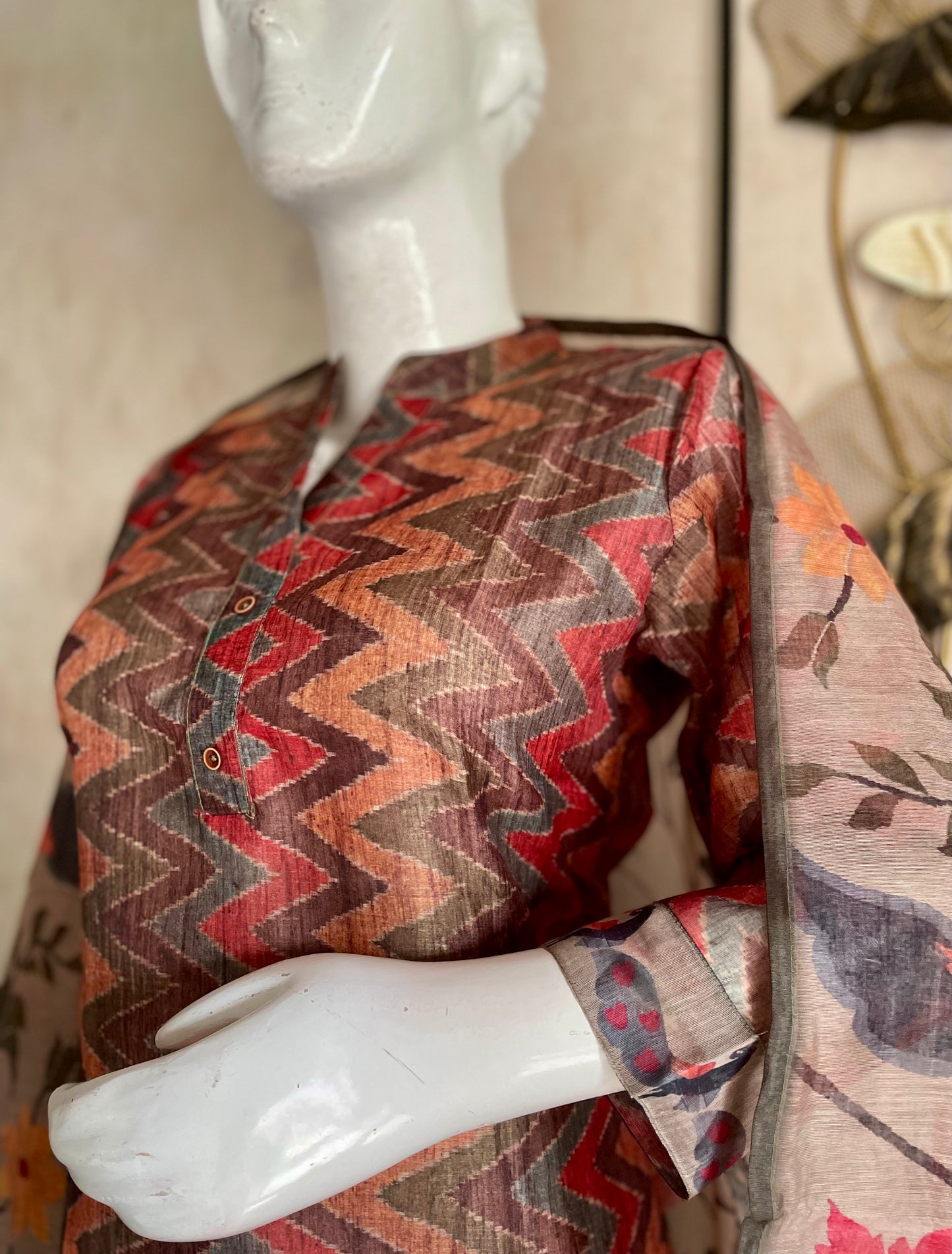 Brown Printed Linen Kurta Set with Kalamkari Dupatta